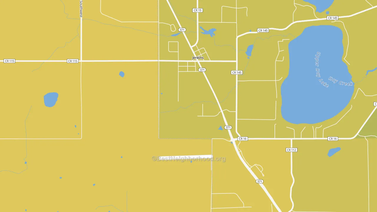 Map of the best neighborhoods in the 56456 area, with better matches in green and worse matches in red