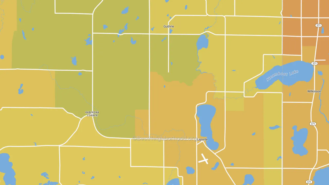 Map of the best neighborhoods in the 56461 area, with better matches in green and worse matches in red