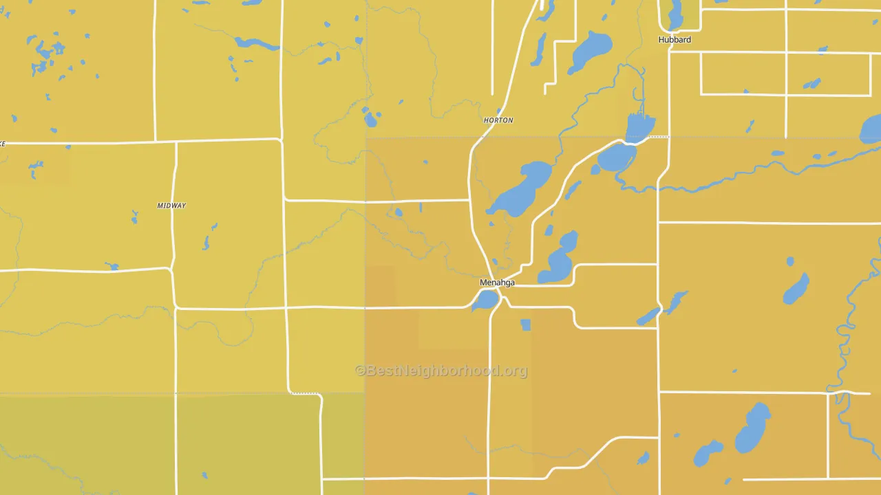 Map of the best neighborhoods in the 56464 area, with better matches in green and worse matches in red