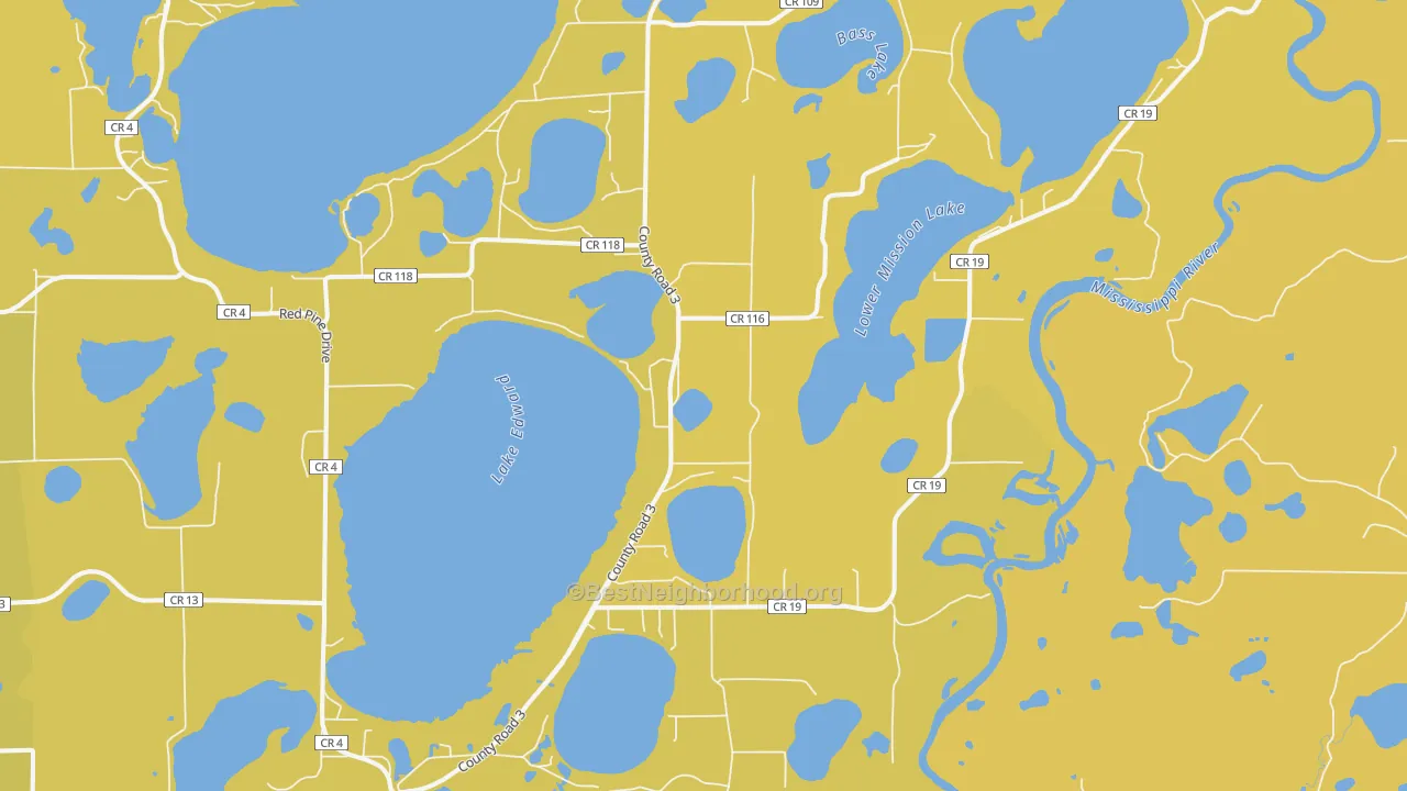 Map of the best neighborhoods in the 56465 area, with better matches in green and worse matches in red