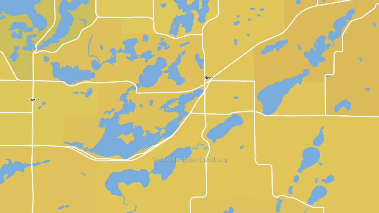 Map of the best neighborhoods in the 56467 area, with better matches in green and worse matches in red
