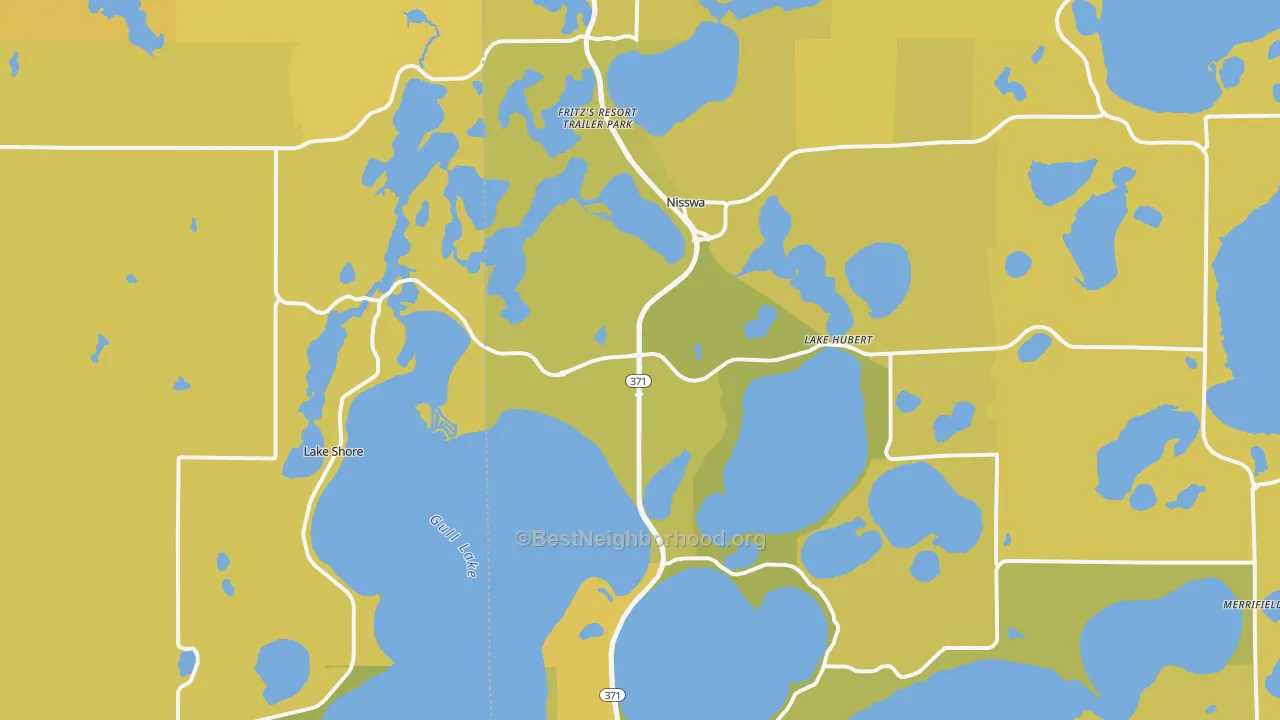Map of the best neighborhoods in the 56468 area, with better matches in green and worse matches in red