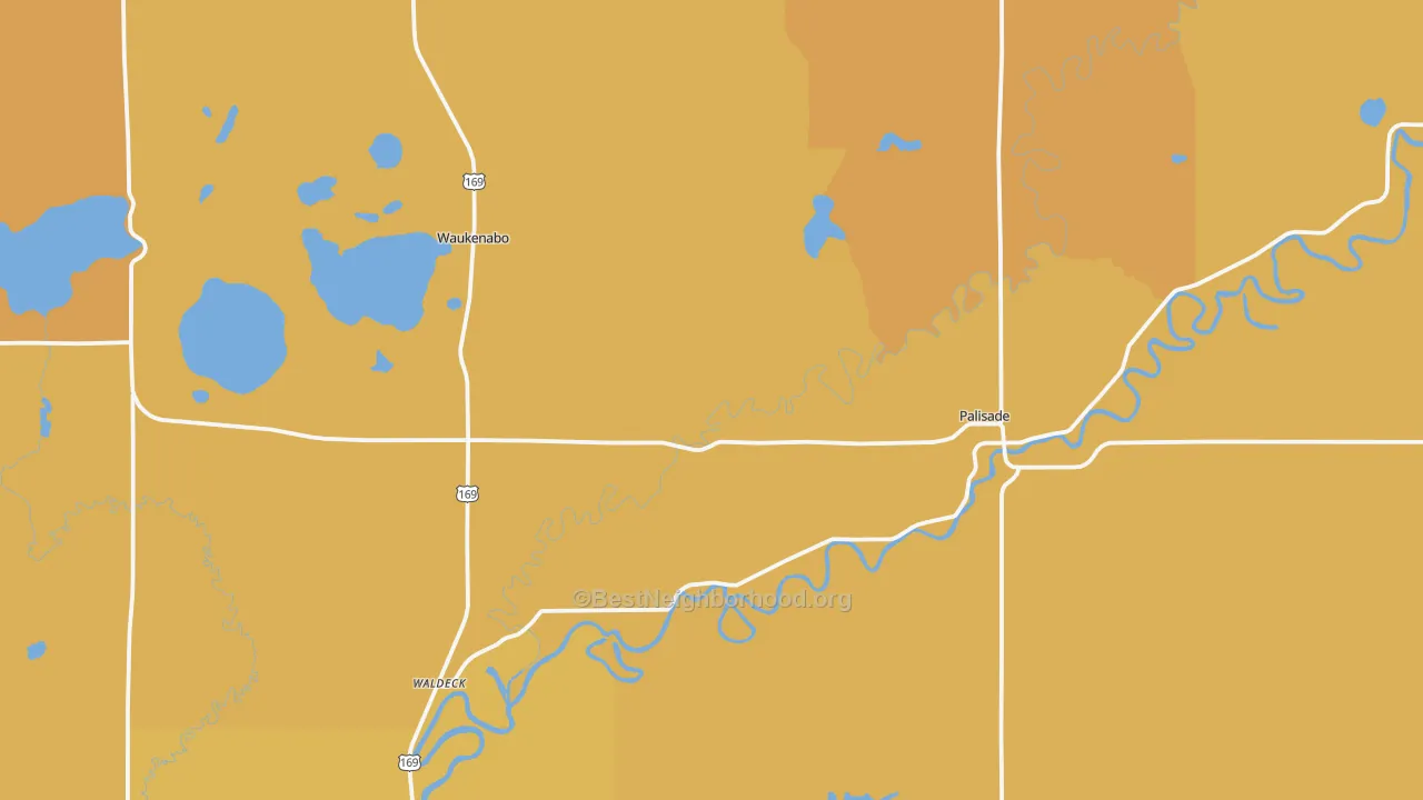 Map of the best neighborhoods in the 56469 area, with better matches in green and worse matches in red