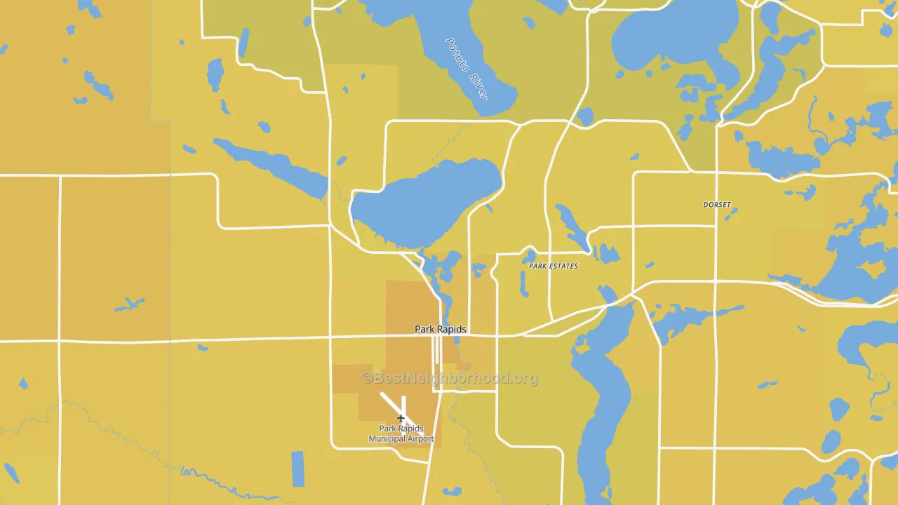 Map of the best neighborhoods in the 56470 area, with better matches in green and worse matches in red