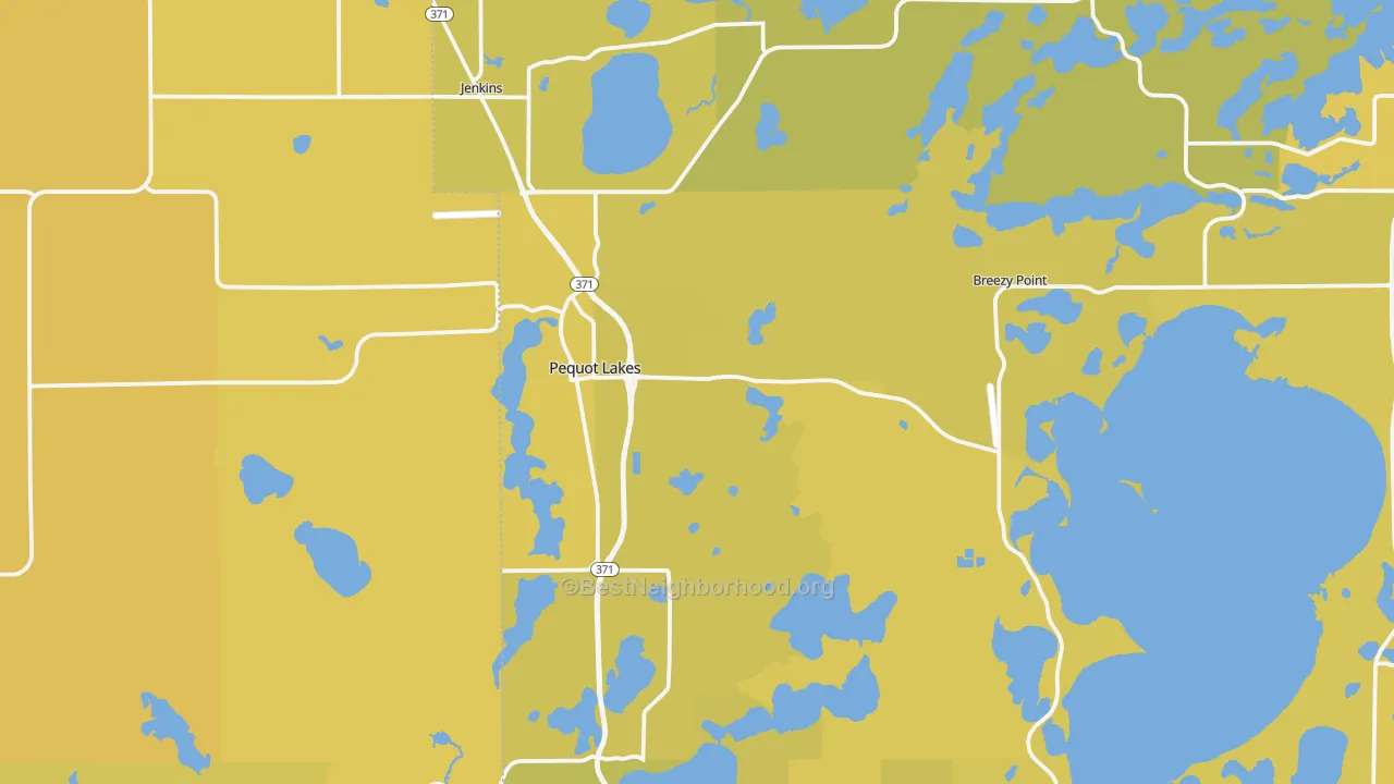 Map of the best neighborhoods in the 56472 area, with better matches in green and worse matches in red