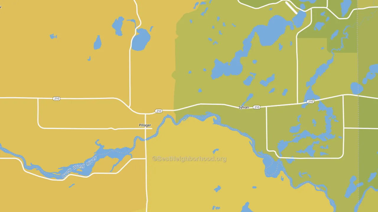 Map of the best neighborhoods in the 56473 area, with better matches in green and worse matches in red