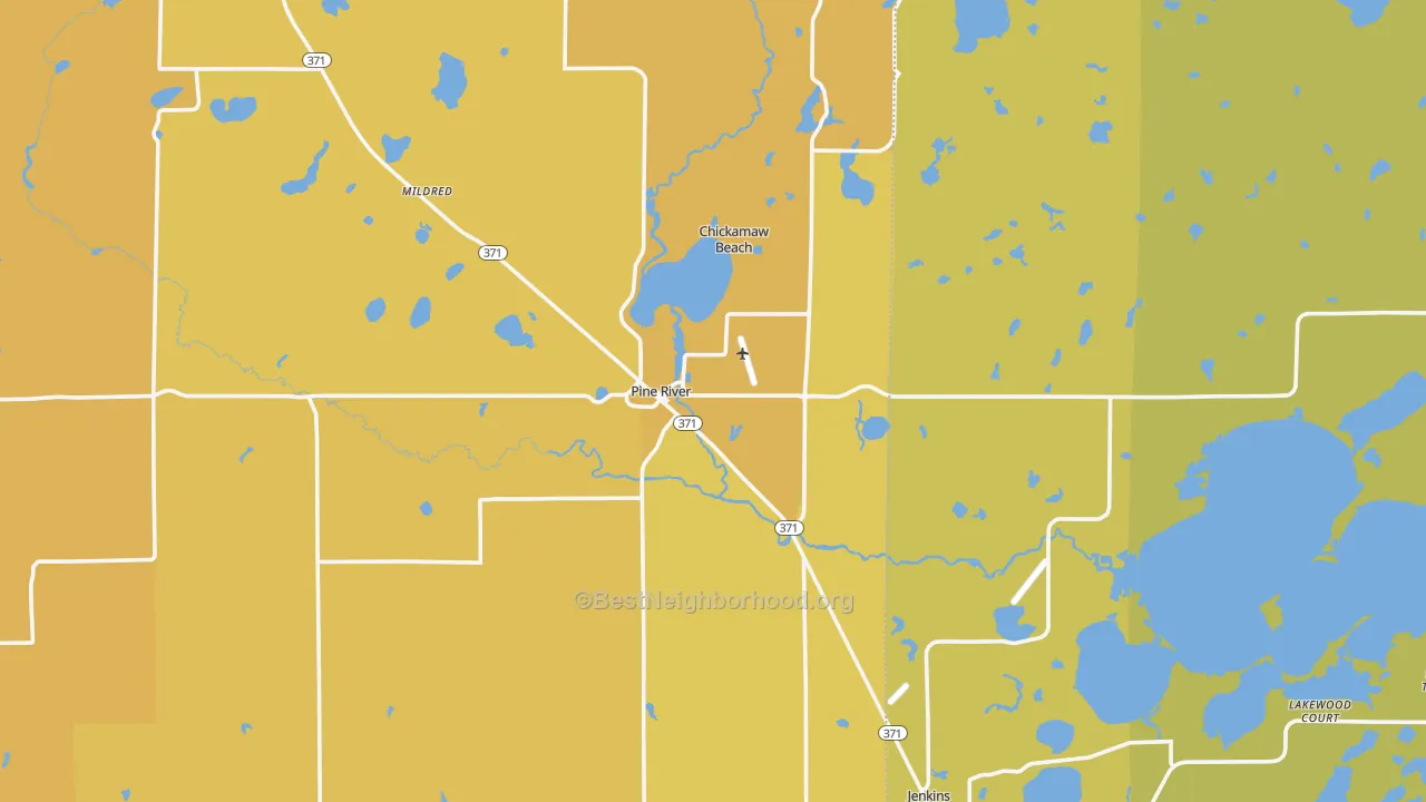 Map of the best neighborhoods in the 56474 area, with better matches in green and worse matches in red