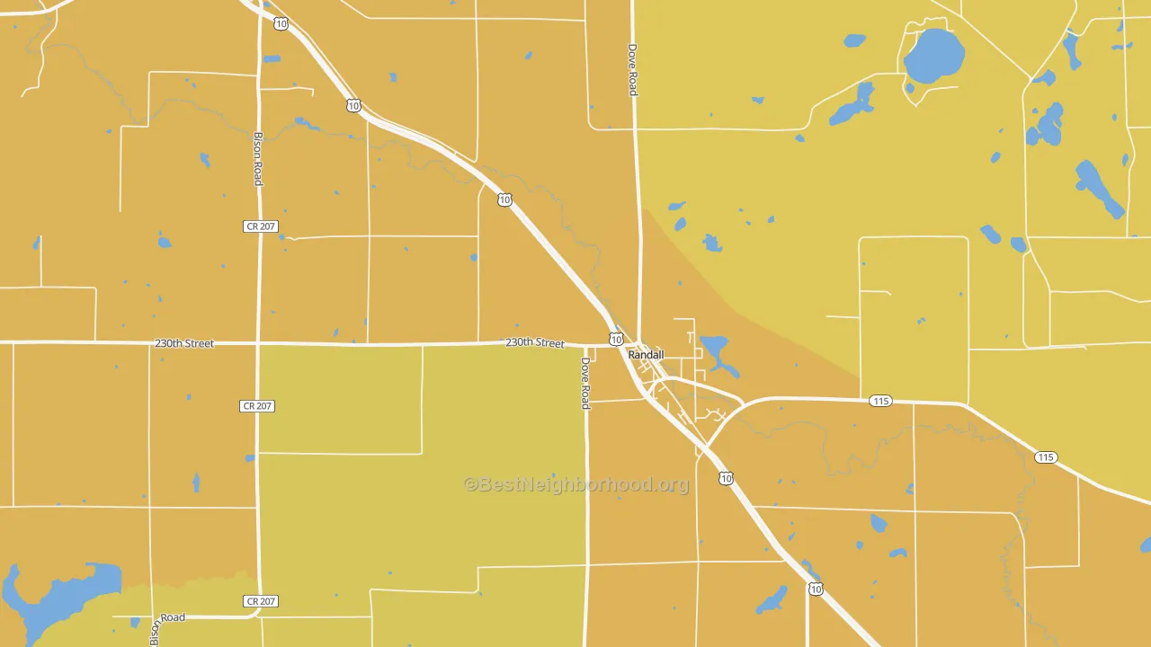 Map of the best neighborhoods in the 56475 area, with better matches in green and worse matches in red