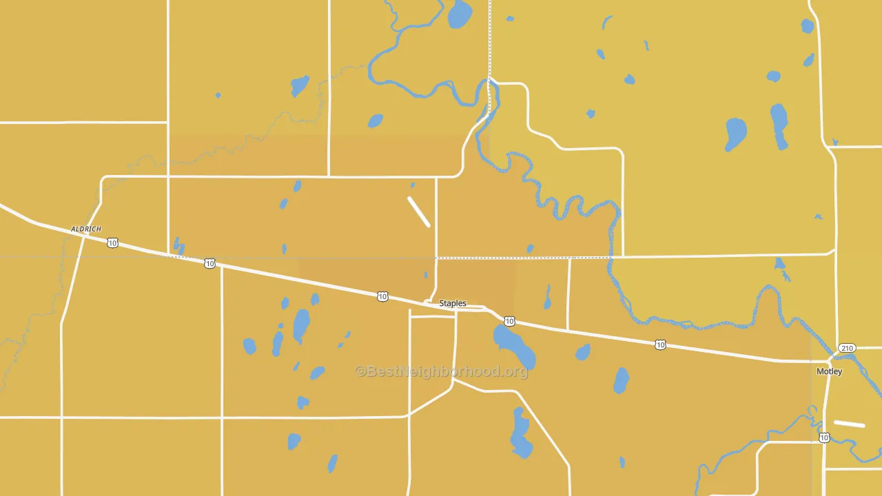 Map of the best neighborhoods in the 56479 area, with better matches in green and worse matches in red