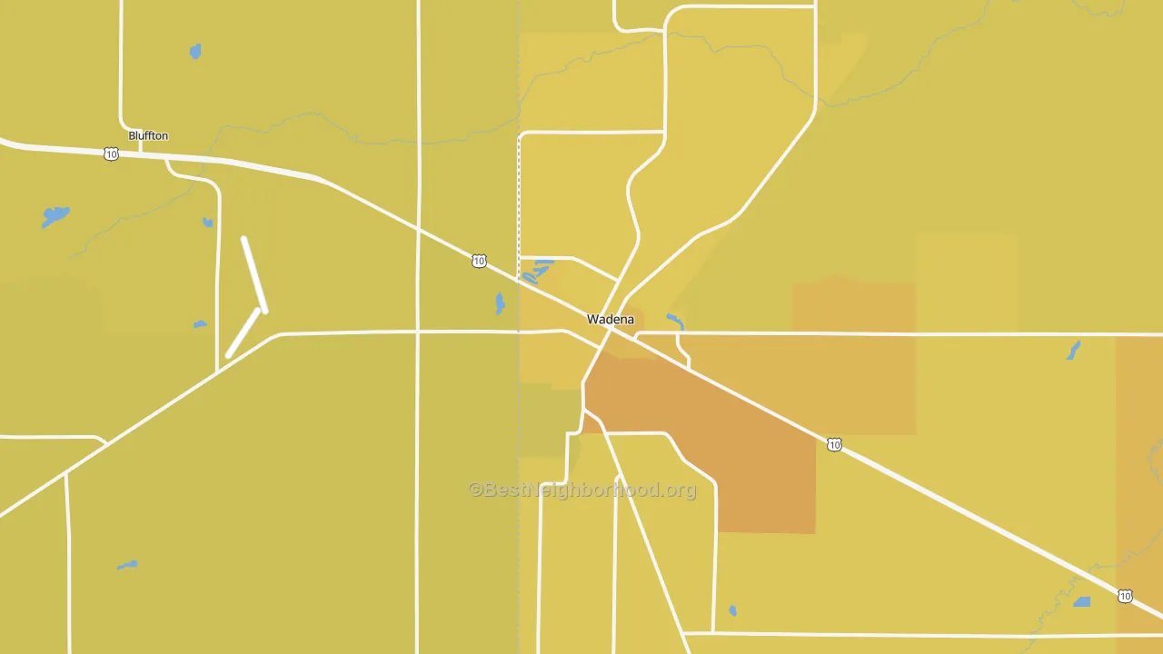 Map of the best neighborhoods in the 56482 area, with better matches in green and worse matches in red