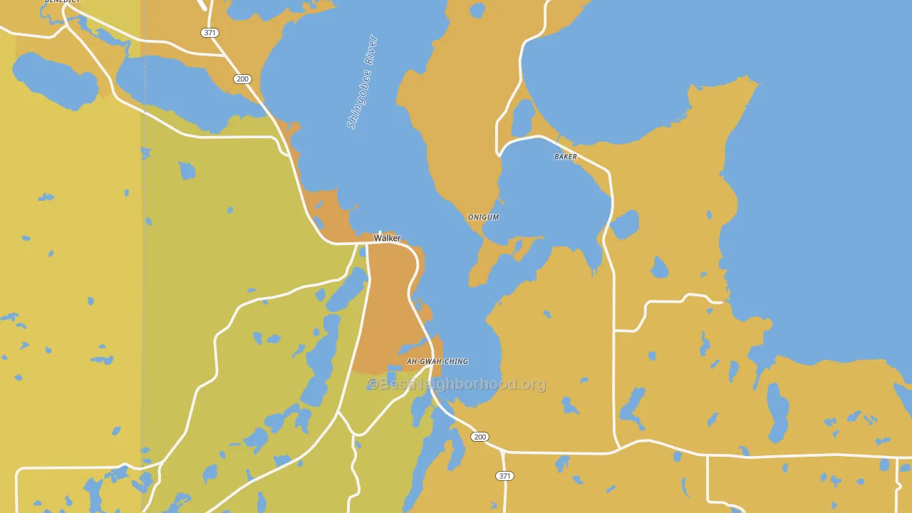 Map of the best neighborhoods in the 56484 area, with better matches in green and worse matches in red