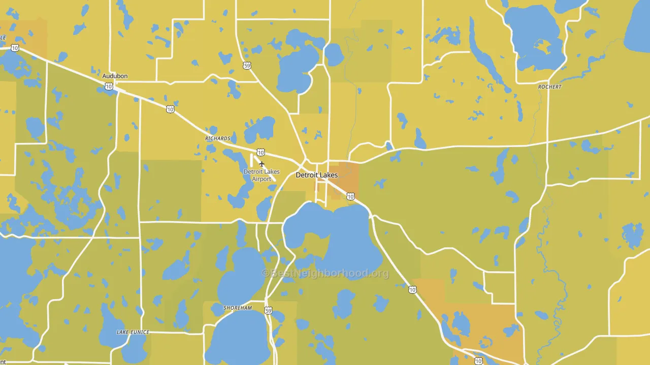 Map of the best neighborhoods in the 56501 area, with better matches in green and worse matches in red