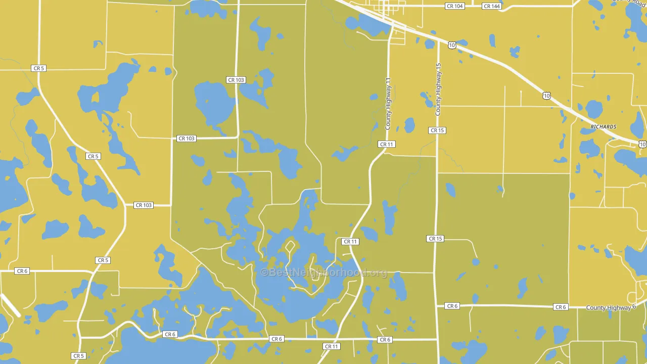 Map of the best neighborhoods in the 56511 area, with better matches in green and worse matches in red