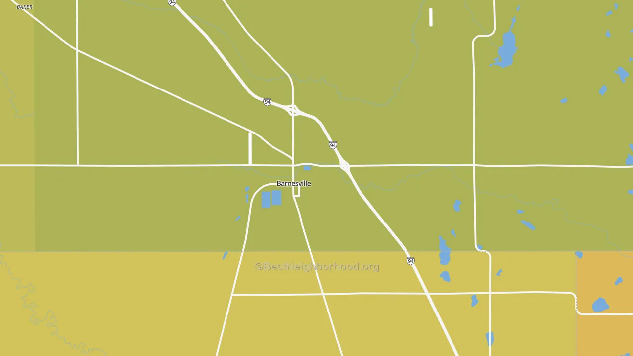 Map of the best neighborhoods in the 56514 area, with better matches in green and worse matches in red