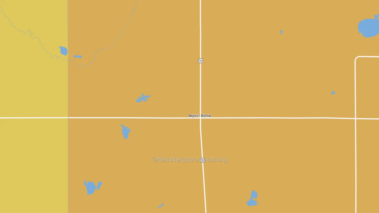Map of the best neighborhoods in the 56516 area, with better matches in green and worse matches in red