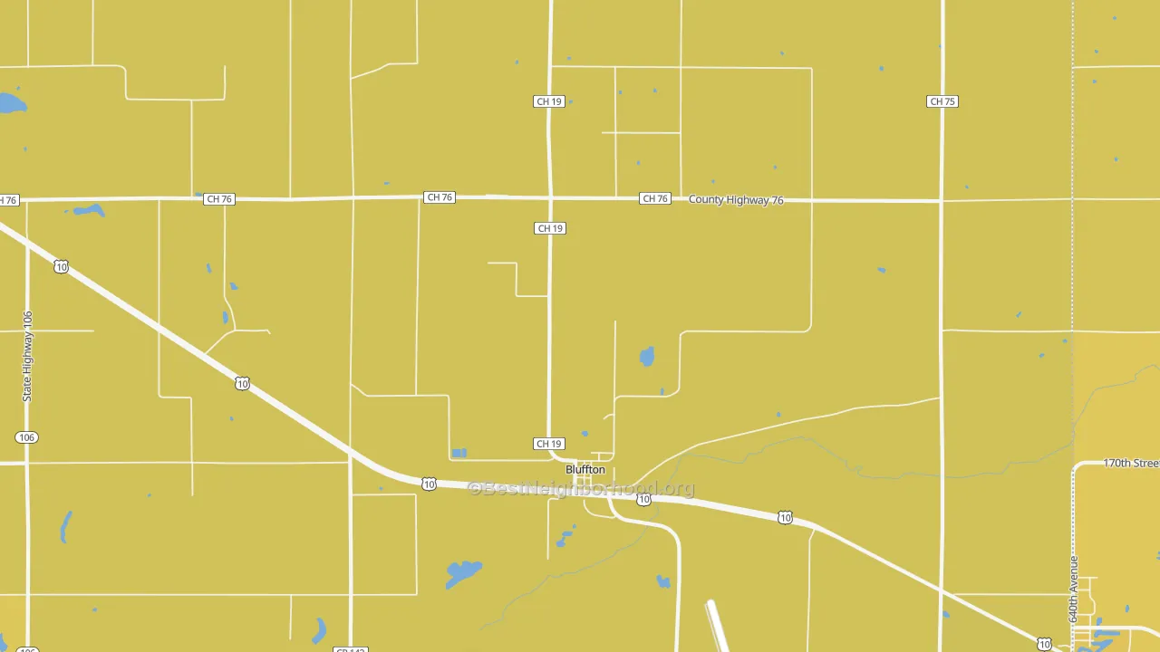 Map of the best neighborhoods in the 56518 area, with better matches in green and worse matches in red