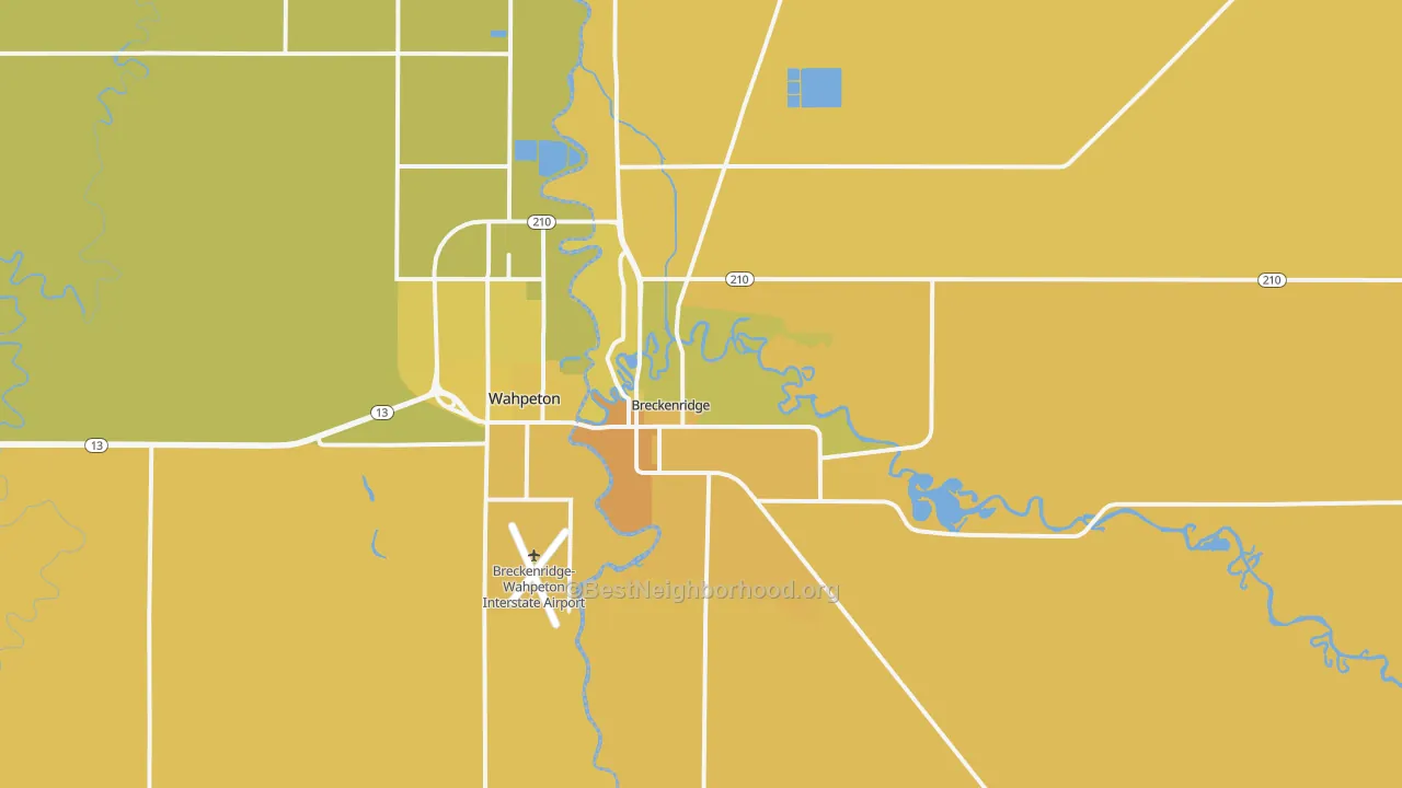 Map of the best neighborhoods in the 56520 area, with better matches in green and worse matches in red