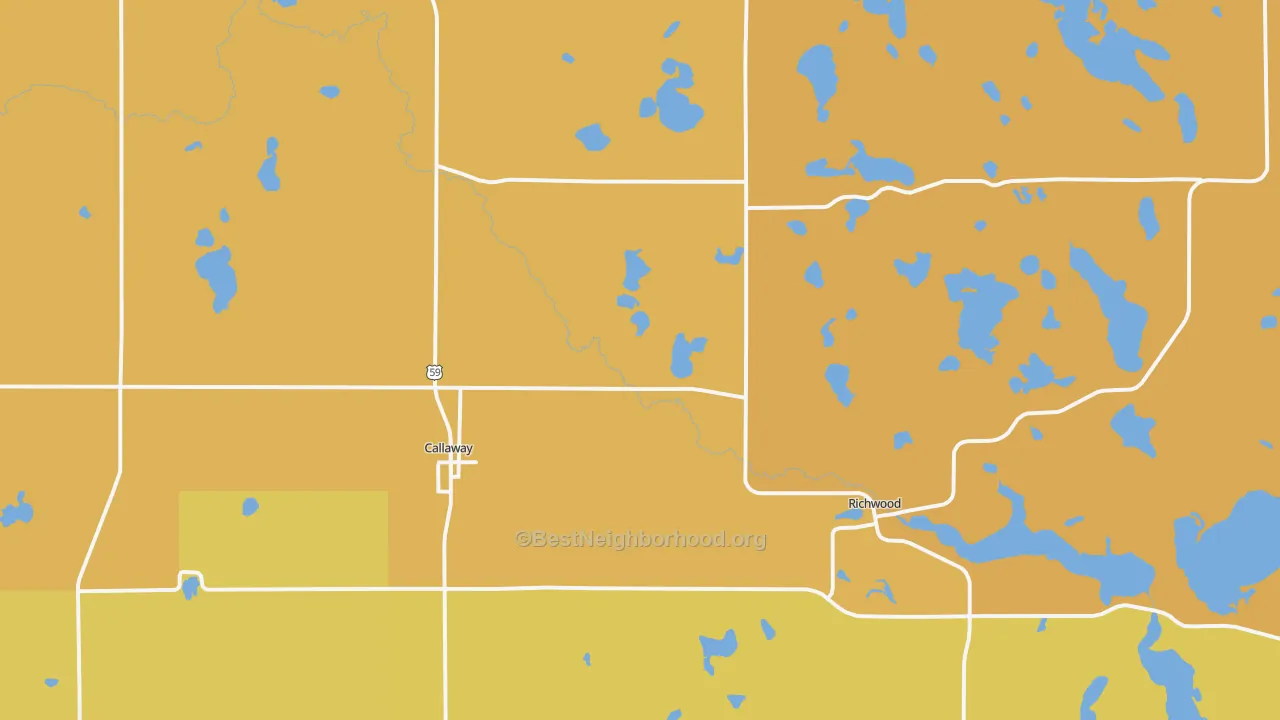 Map of the best neighborhoods in the 56521 area, with better matches in green and worse matches in red