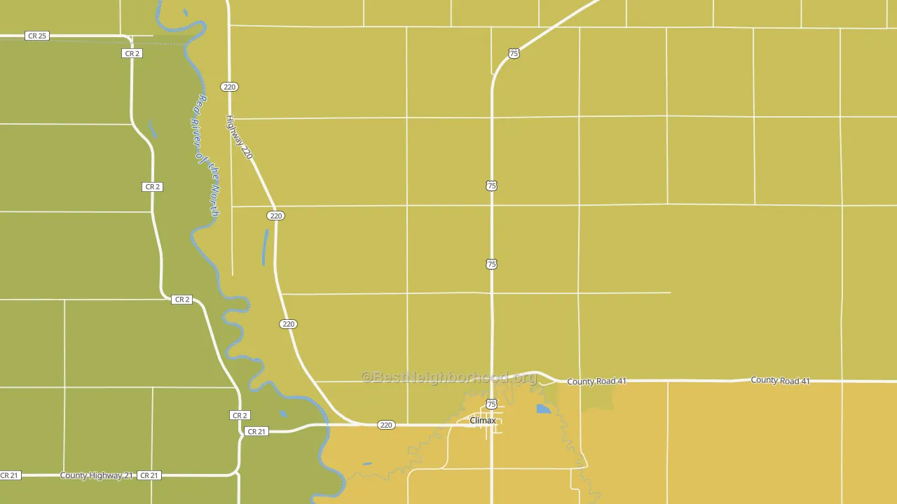 Map of the best neighborhoods in the 56523 area, with better matches in green and worse matches in red
