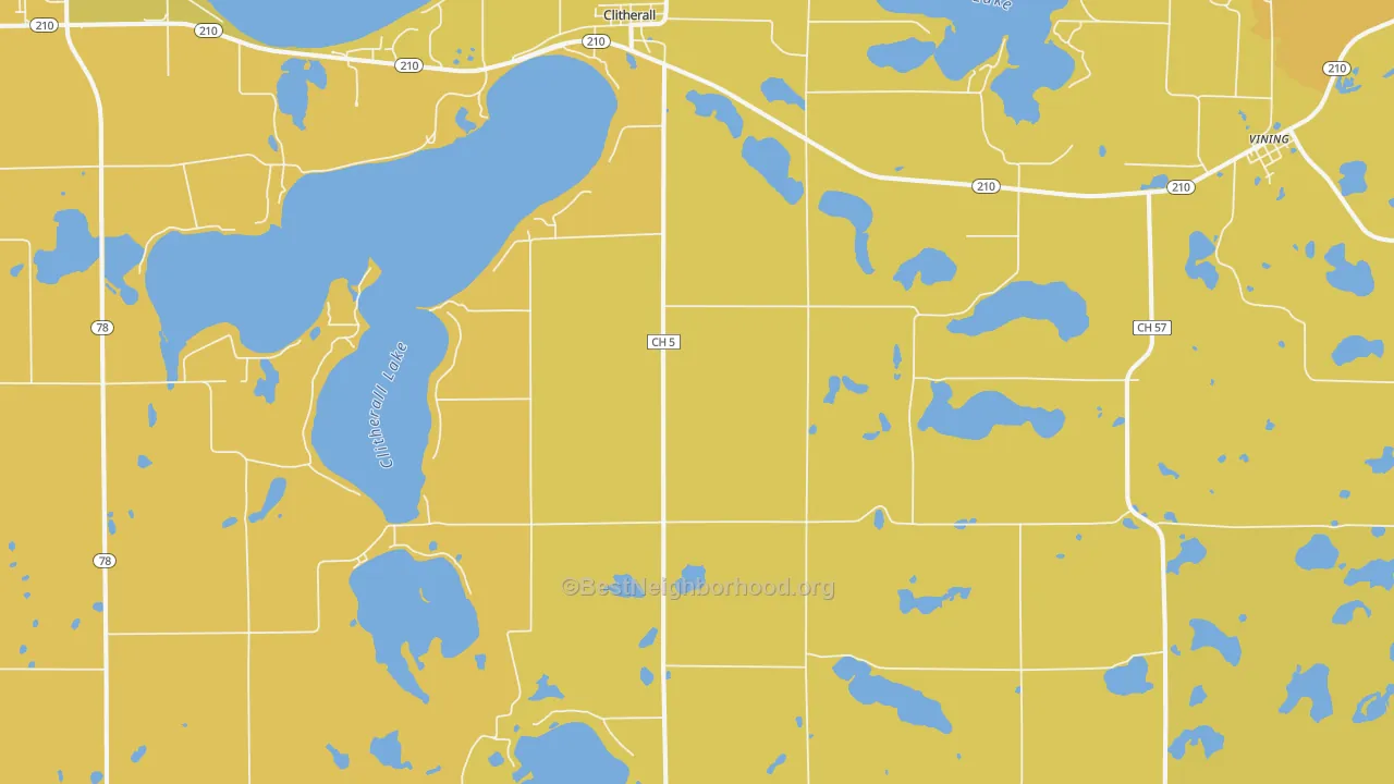 Map of the best neighborhoods in the 56524 area, with better matches in green and worse matches in red