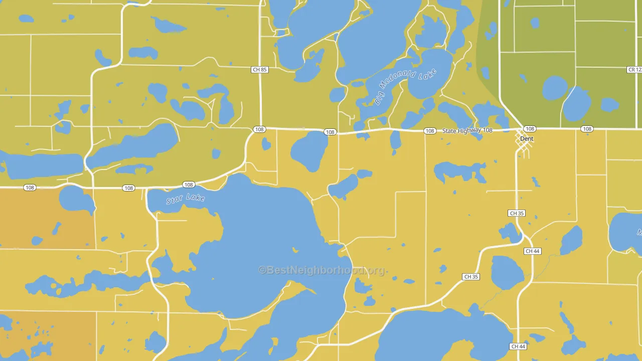 Map of the best neighborhoods in the 56528 area, with better matches in green and worse matches in red