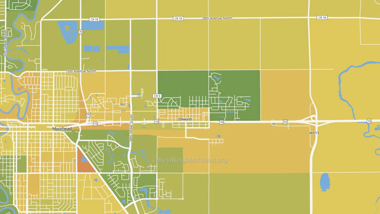 Map of the best neighborhoods in the 56529 area, with better matches in green and worse matches in red