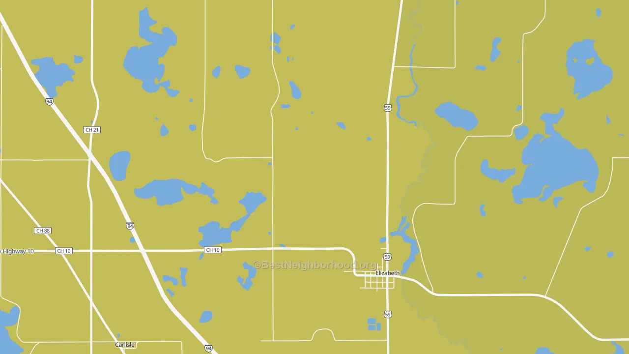 Map of the best neighborhoods in the 56533 area, with better matches in green and worse matches in red