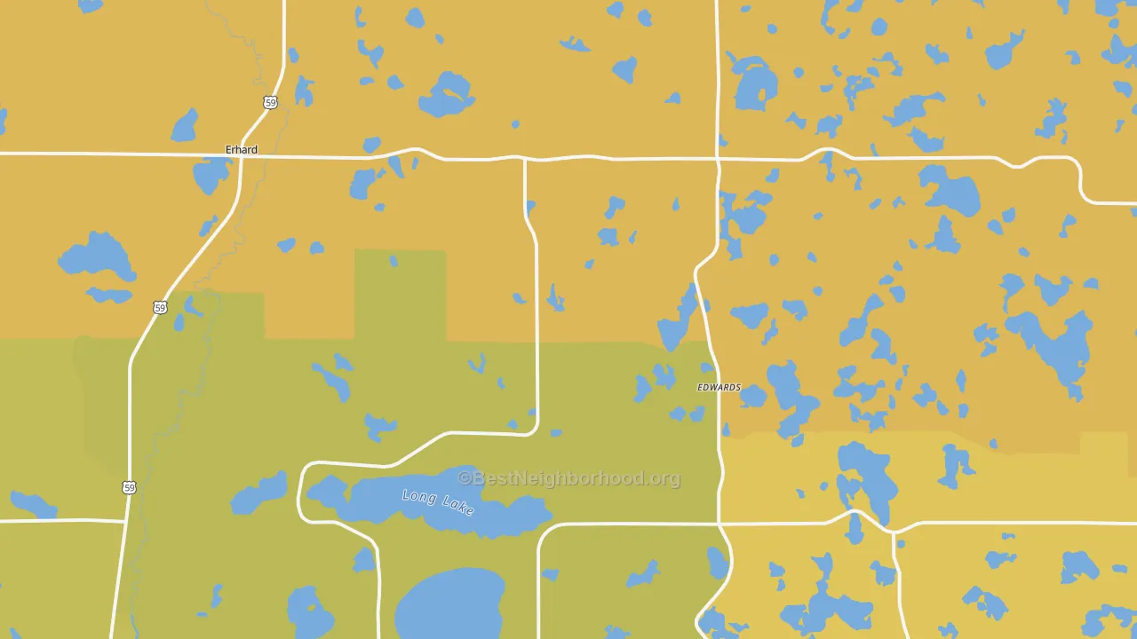 Map of the best neighborhoods in the 56534 area, with better matches in green and worse matches in red