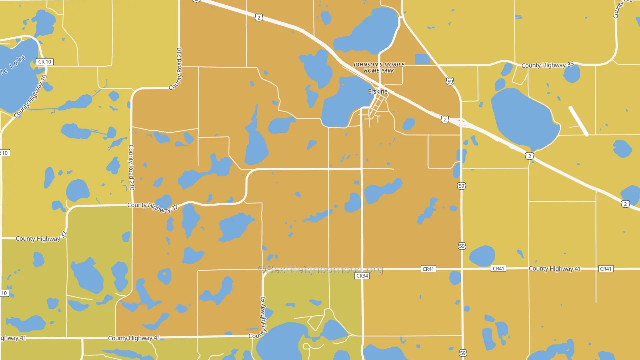 Map of the best neighborhoods in the 56535 area, with better matches in green and worse matches in red