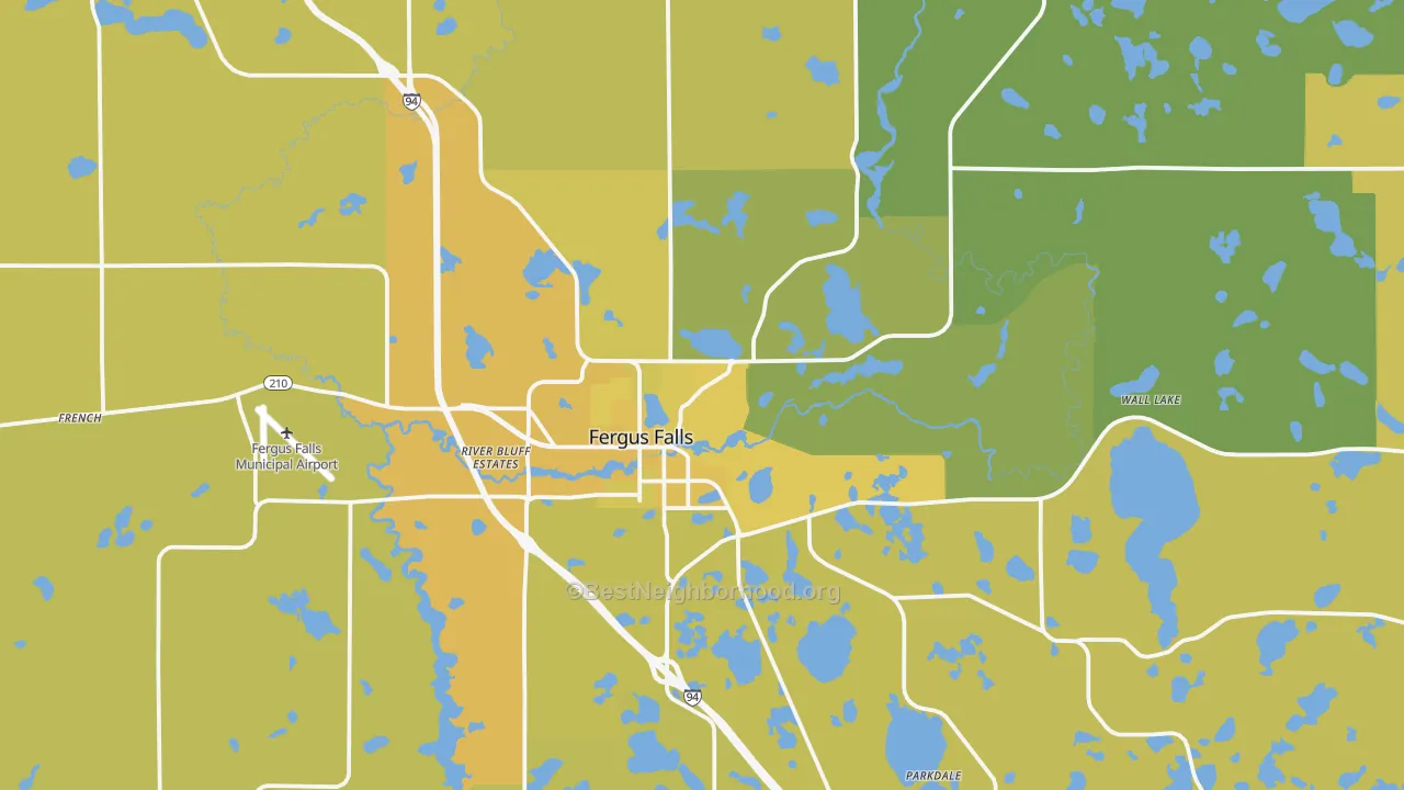 Map of the best neighborhoods in the 56537 area, with better matches in green and worse matches in red
