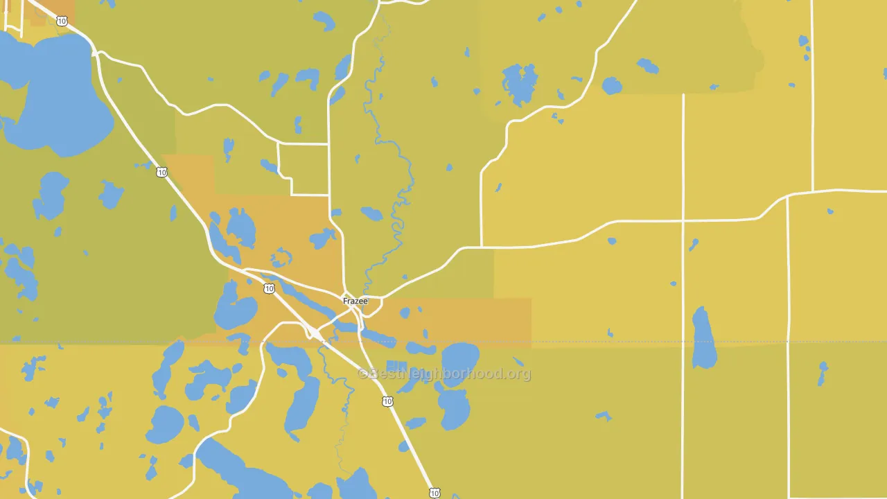 Map of the best neighborhoods in the 56544 area, with better matches in green and worse matches in red