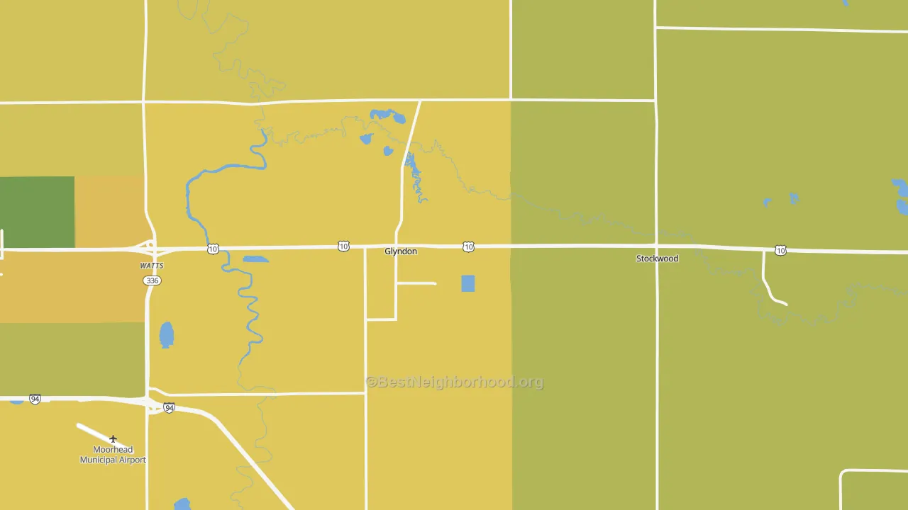 Map of the best neighborhoods in the 56547 area, with better matches in green and worse matches in red