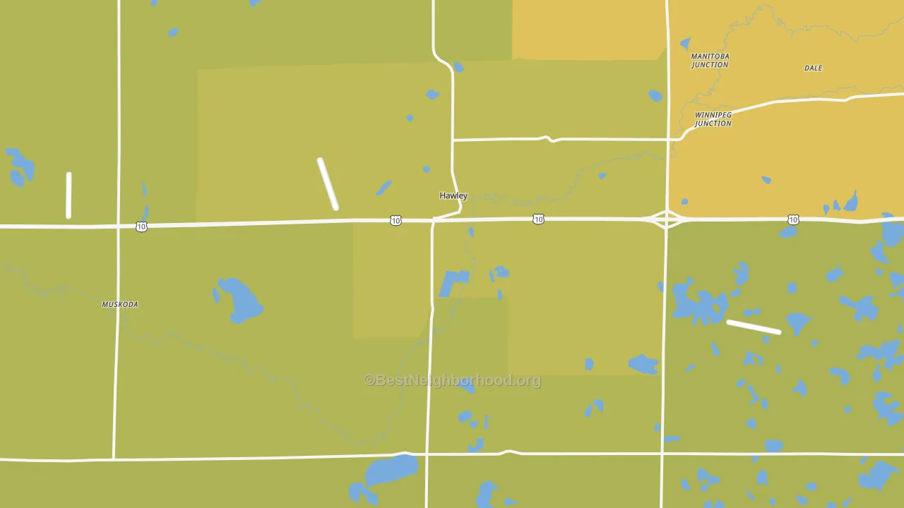 Map of the best neighborhoods in the 56549 area, with better matches in green and worse matches in red