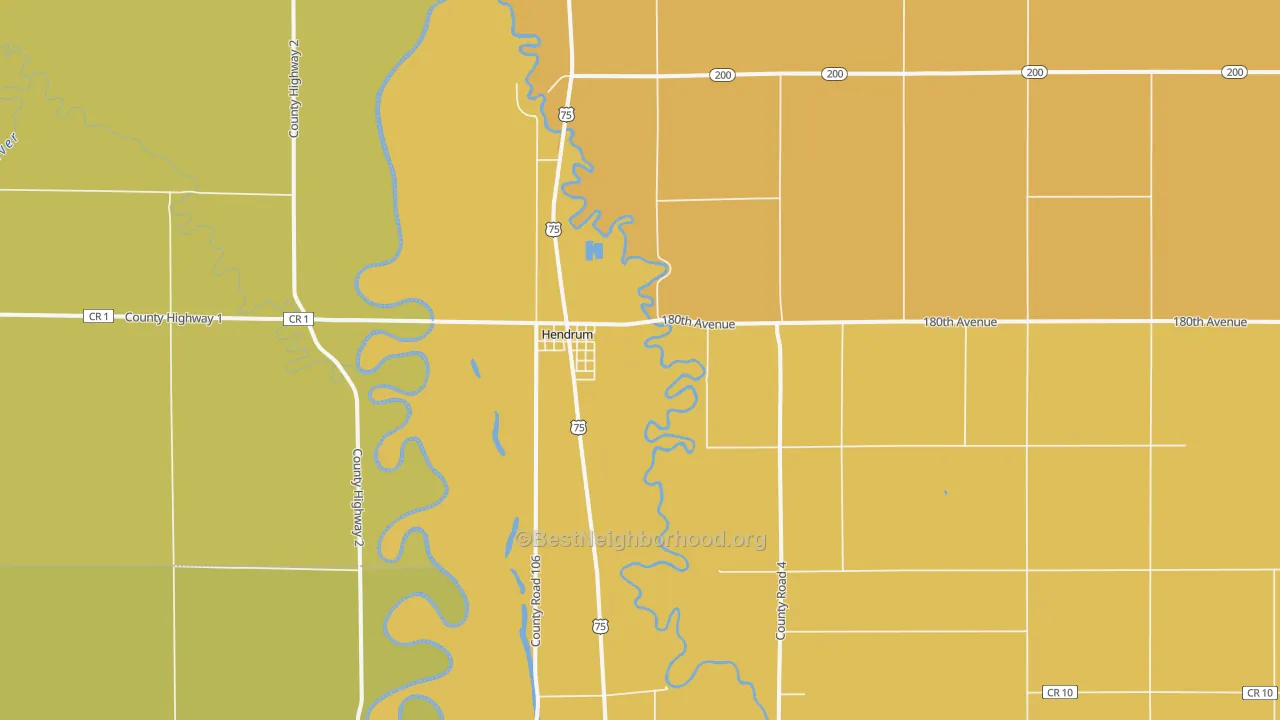 Map of the best neighborhoods in the 56550 area, with better matches in green and worse matches in red