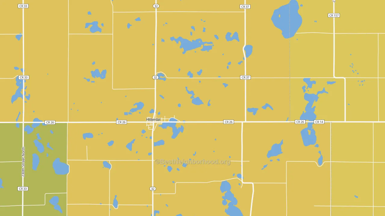 Map of the best neighborhoods in the 56552 area, with better matches in green and worse matches in red