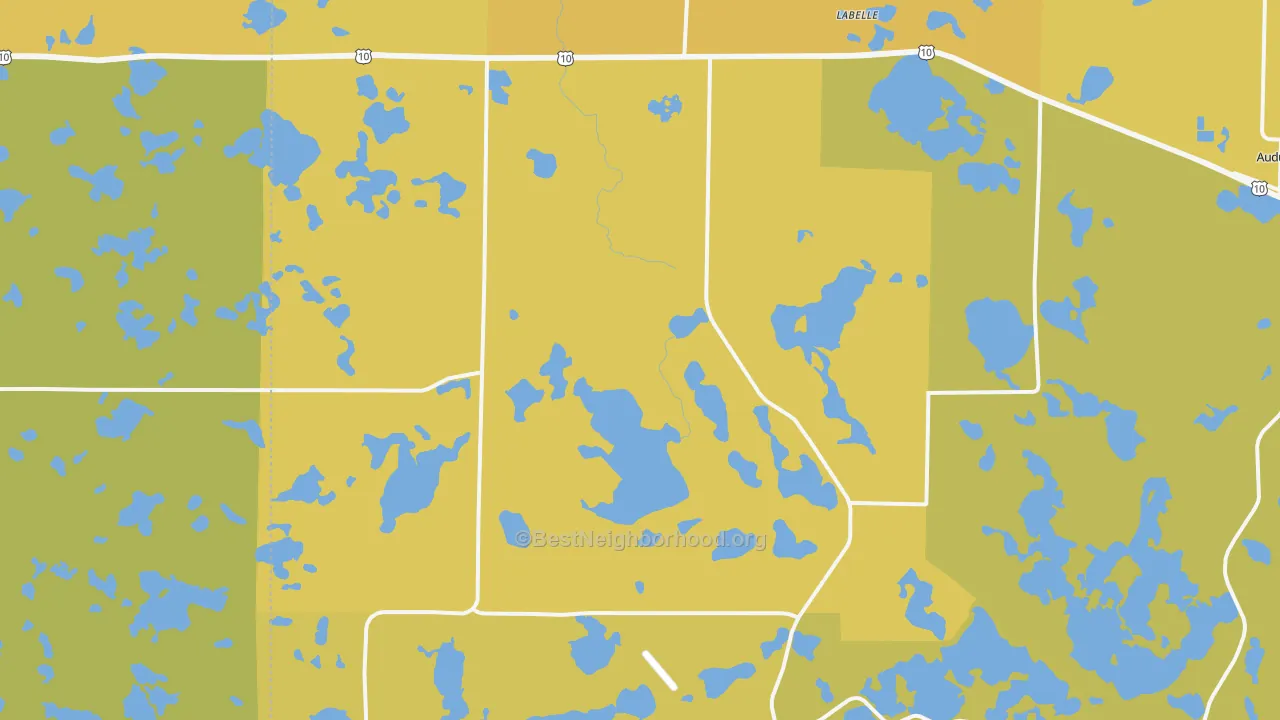 Map of the best neighborhoods in the 56554 area, with better matches in green and worse matches in red