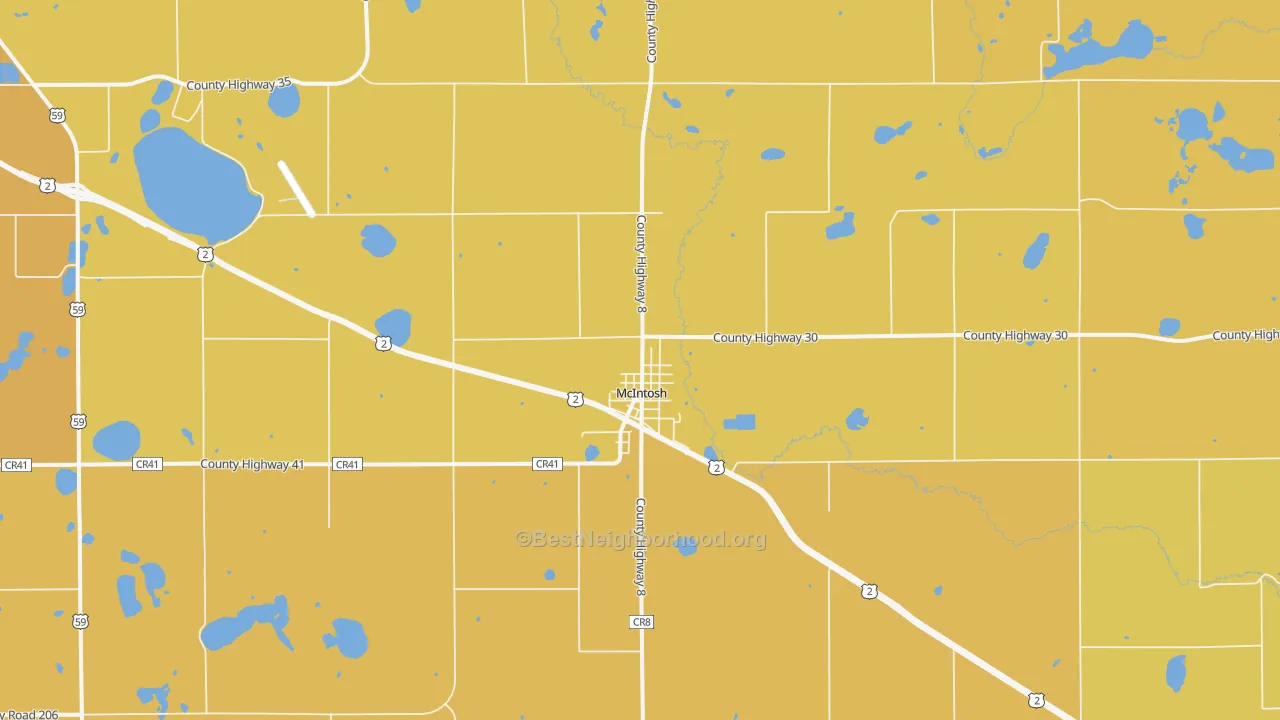 Map of the best neighborhoods in the 56556 area, with better matches in green and worse matches in red