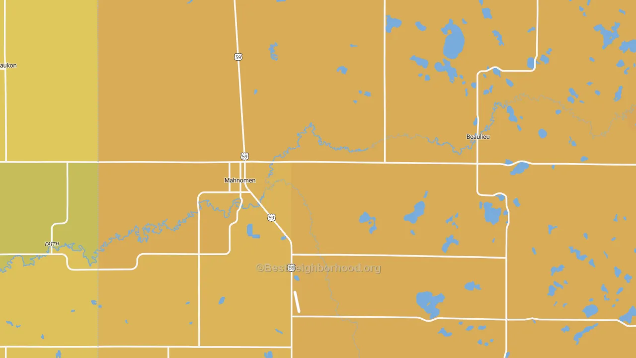 Map of the best neighborhoods in the 56557 area, with better matches in green and worse matches in red