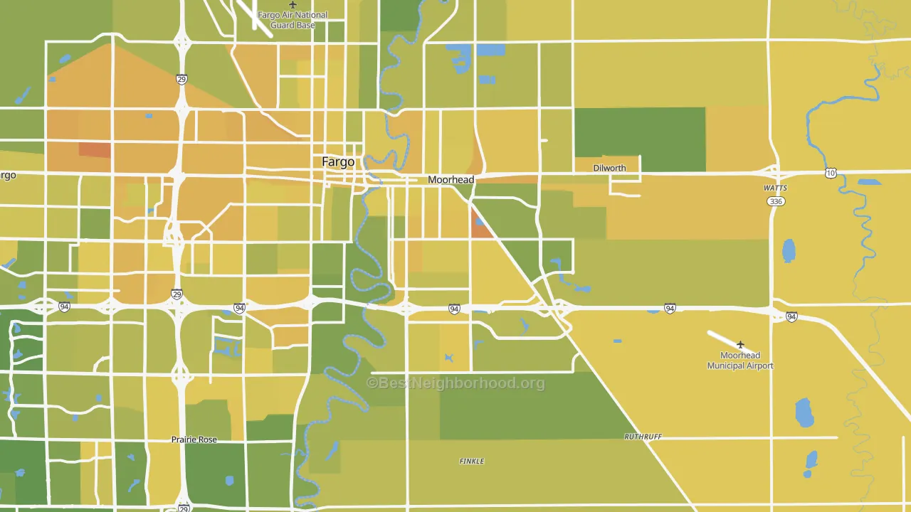 Map of the best neighborhoods in the 56560 area, with better matches in green and worse matches in red