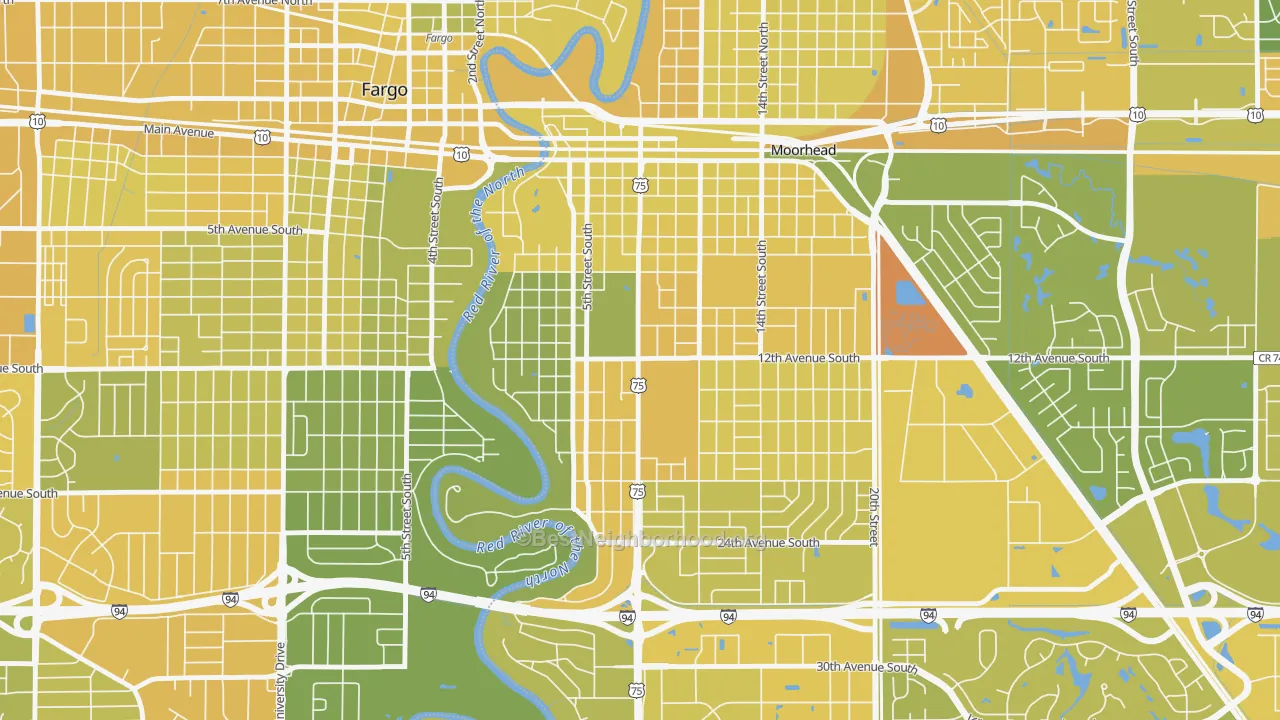 Map of the best neighborhoods in the 56562 area, with better matches in green and worse matches in red
