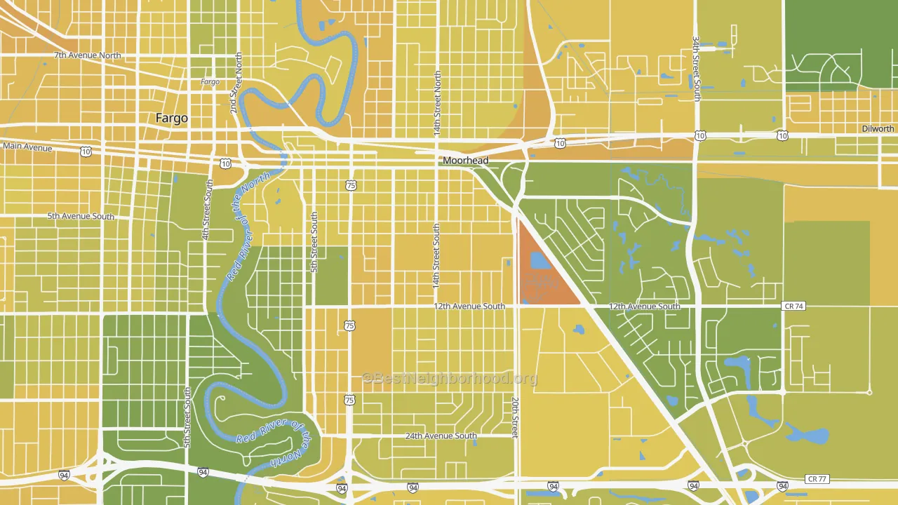 Map of the best neighborhoods in the 56563 area, with better matches in green and worse matches in red
