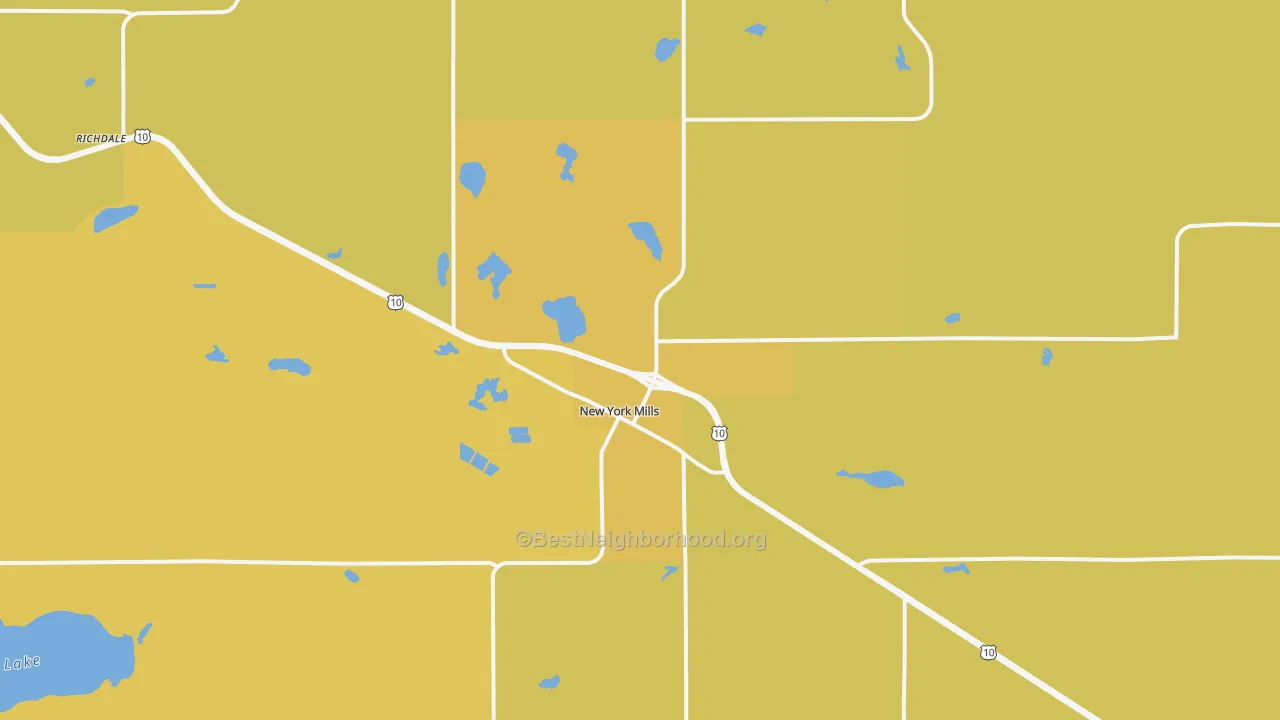 Map of the best neighborhoods in the 56567 area, with better matches in green and worse matches in red
