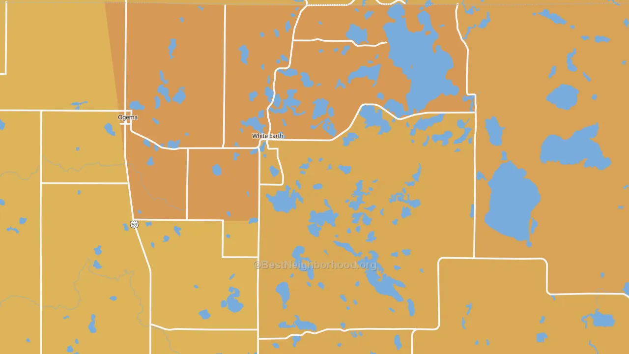 Map of the best neighborhoods in the 56569 area, with better matches in green and worse matches in red