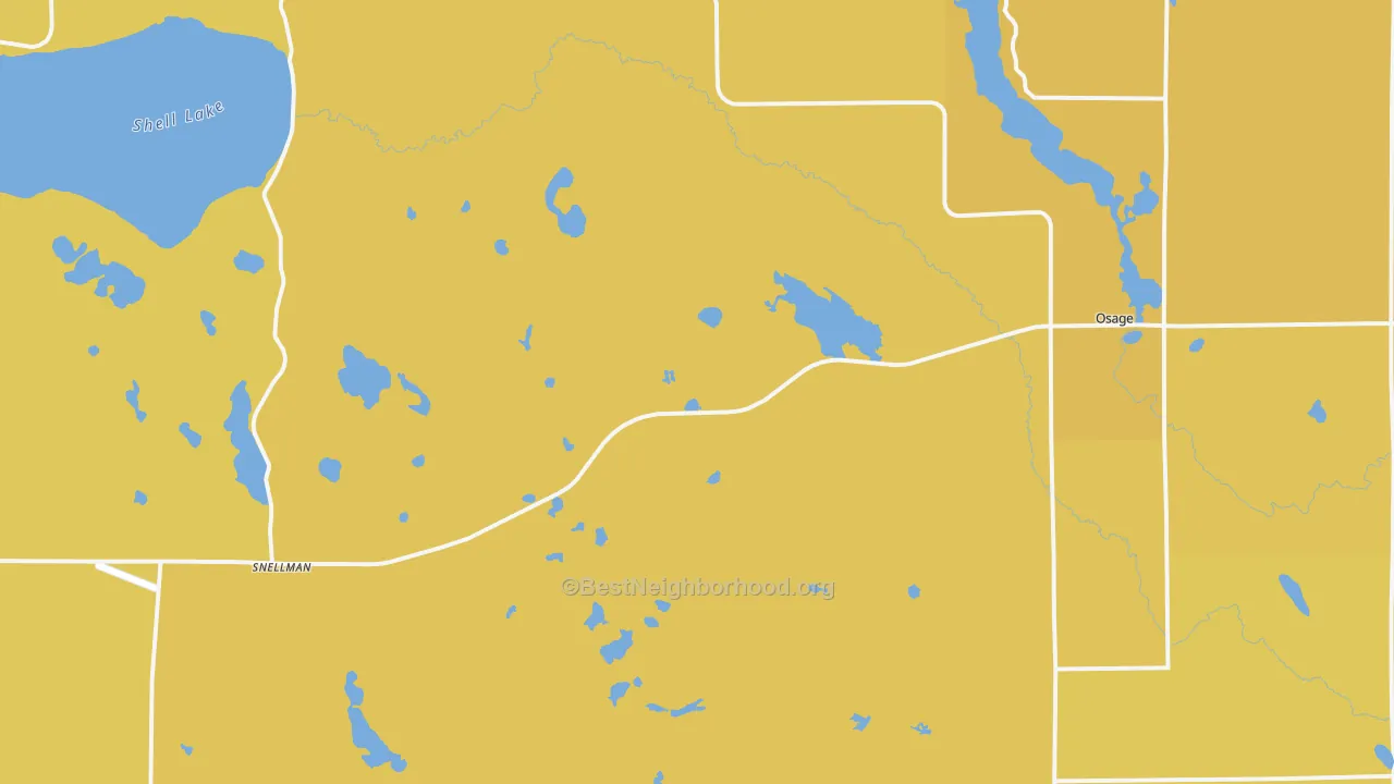 Map of the best neighborhoods in the 56570 area, with better matches in green and worse matches in red