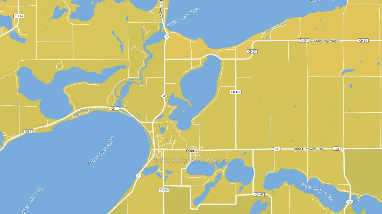 Map of the best neighborhoods in the 56571 area, with better matches in green and worse matches in red