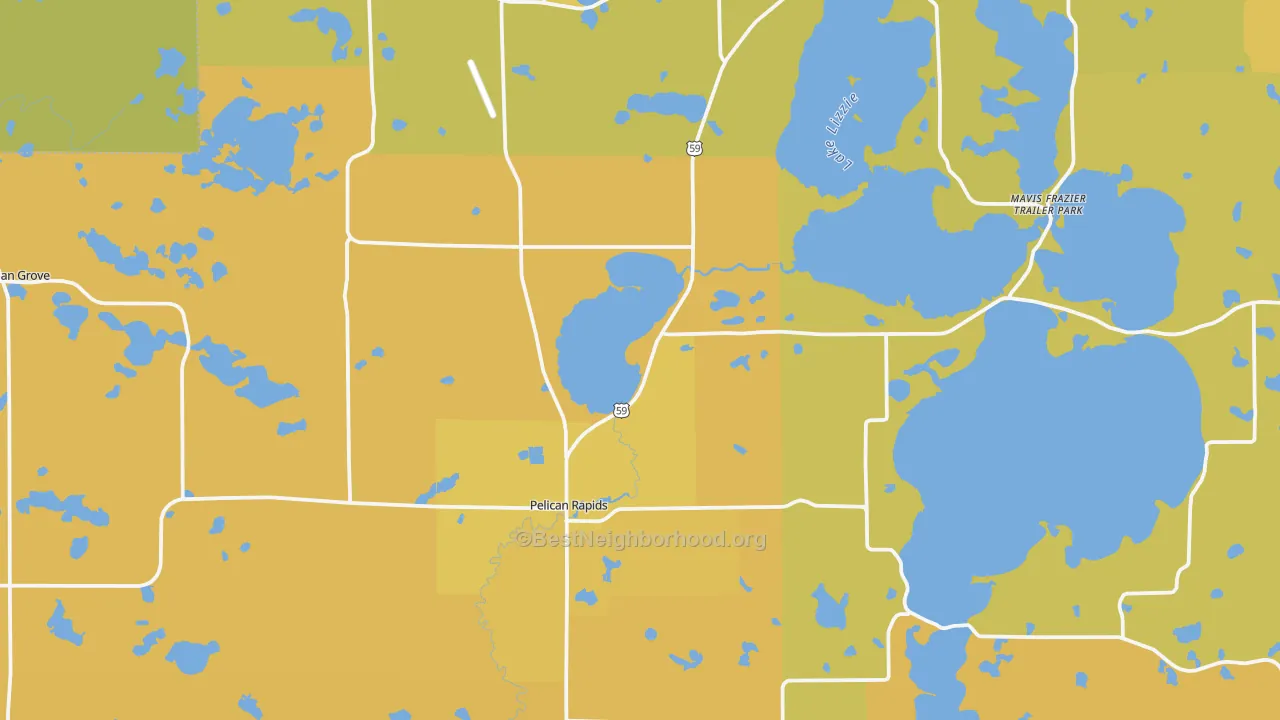 Map of the best neighborhoods in the 56572 area, with better matches in green and worse matches in red