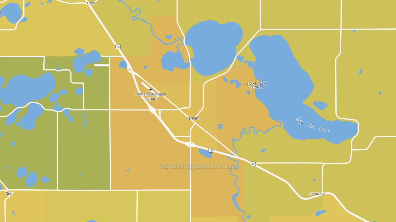 Map of the best neighborhoods in the 56573 area, with better matches in green and worse matches in red