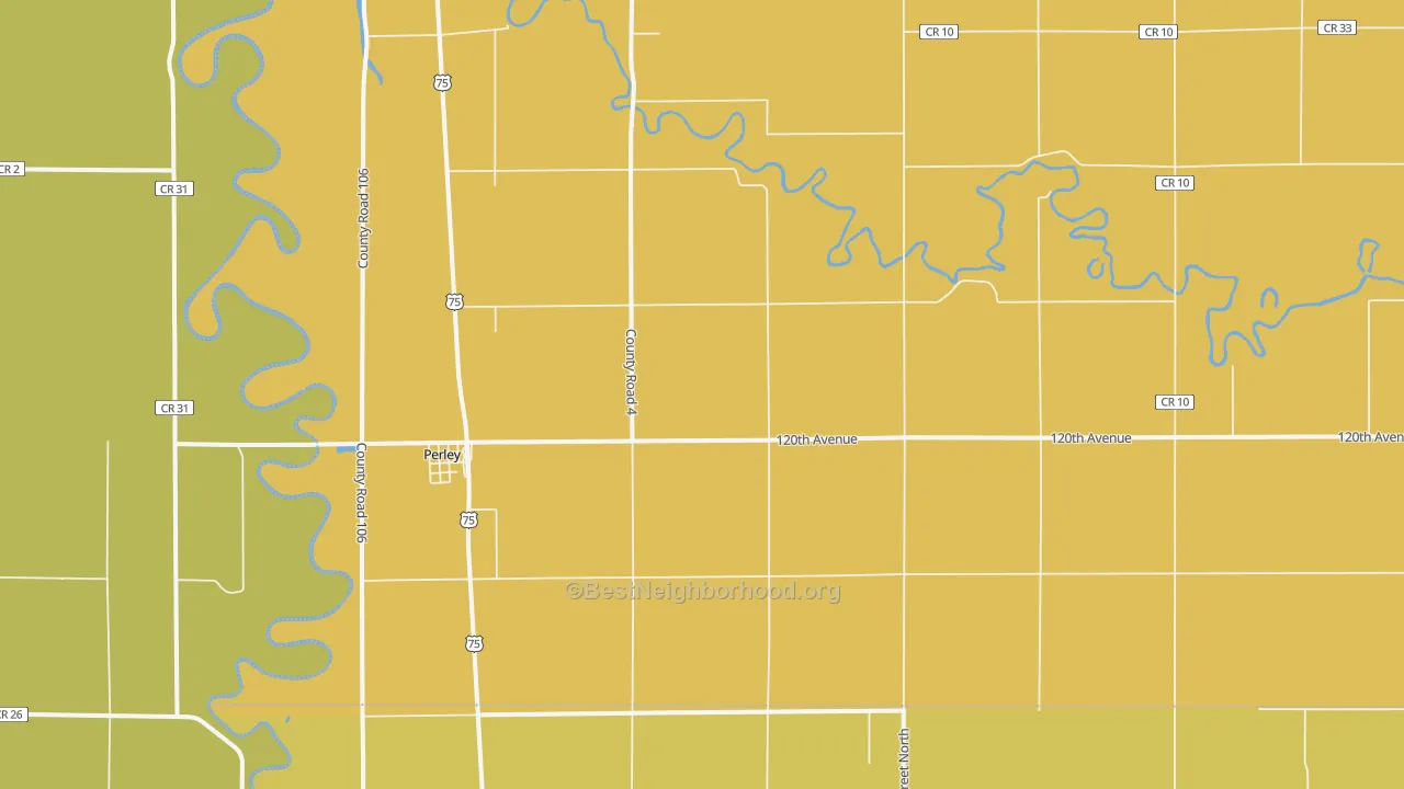 Map of the best neighborhoods in the 56574 area, with better matches in green and worse matches in red