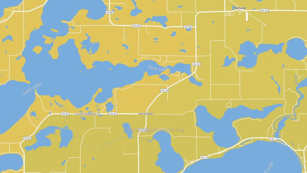 Map of the best neighborhoods in the 56576 area, with better matches in green and worse matches in red