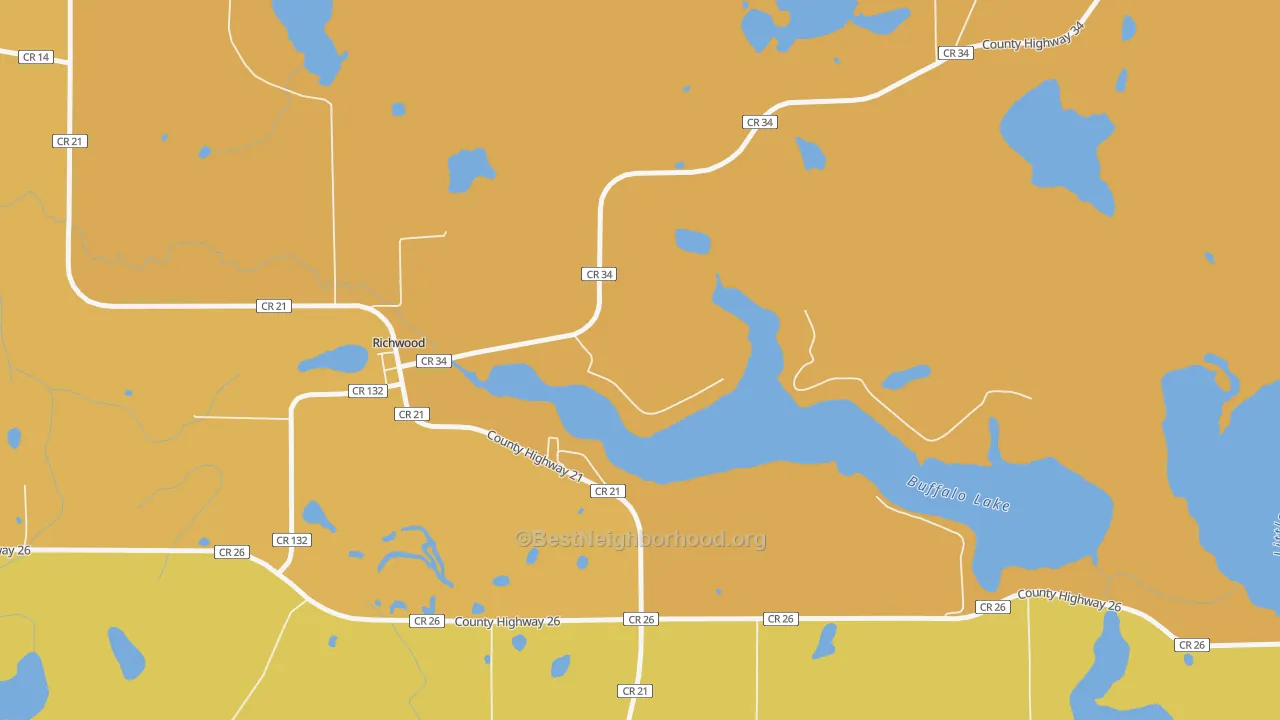 Map of the best neighborhoods in the 56577 area, with better matches in green and worse matches in red